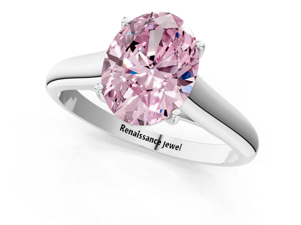 Platinum Fancy Pink Oval Cut Solitaire Engagement Ring with Tapered Band and Four-Prong Setting