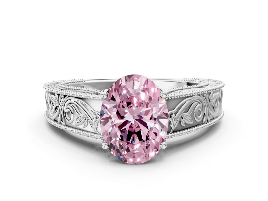 White gold Fancy Pink Oval  Cut Solitaire Engraved Band with Four-Prong Setting_61