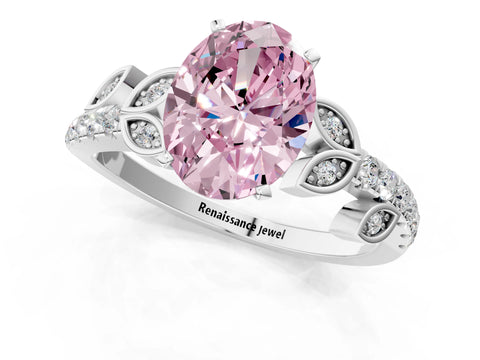 White gold Fancy Pink Oval Cut Solitaire Leaf-Inspired Diamond Ring with Pavé Band and Four-Prong Setting_13