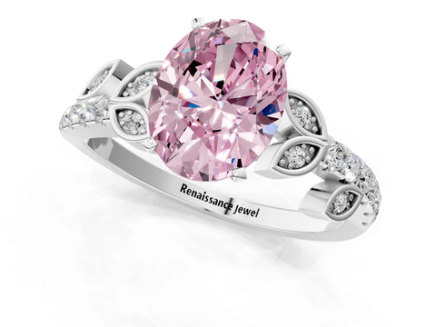 White gold Fancy Pink Oval Cut Solitaire Leaf-Inspired Diamond Ring with Pavé Band and Four-Prong Setting_1