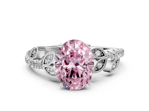 White gold Fancy Pink Oval Cut Solitaire Leaf-Inspired Diamond Ring with Pavé Band and Four-Prong Setting_24