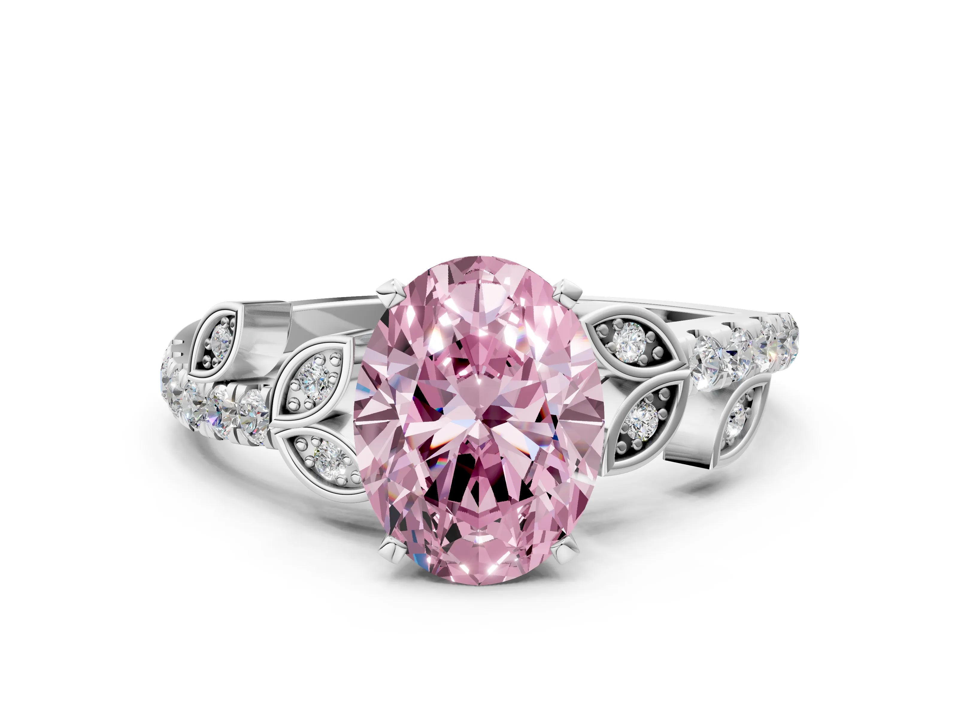 White gold Fancy Pink Oval Cut Solitaire Leaf-Inspired Diamond Ring with Pavé Band and Four-Prong Setting_24