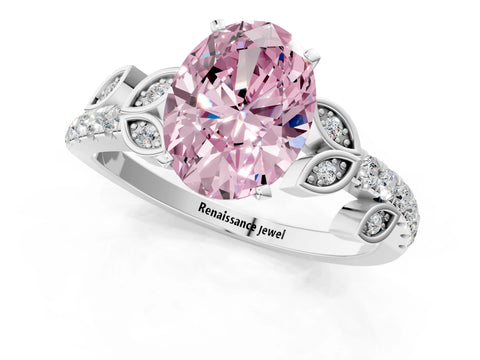 White gold Fancy Pink Oval Cut Solitaire Leaf-Inspired Diamond Ring with Pavé Band and Four-Prong Setting_25