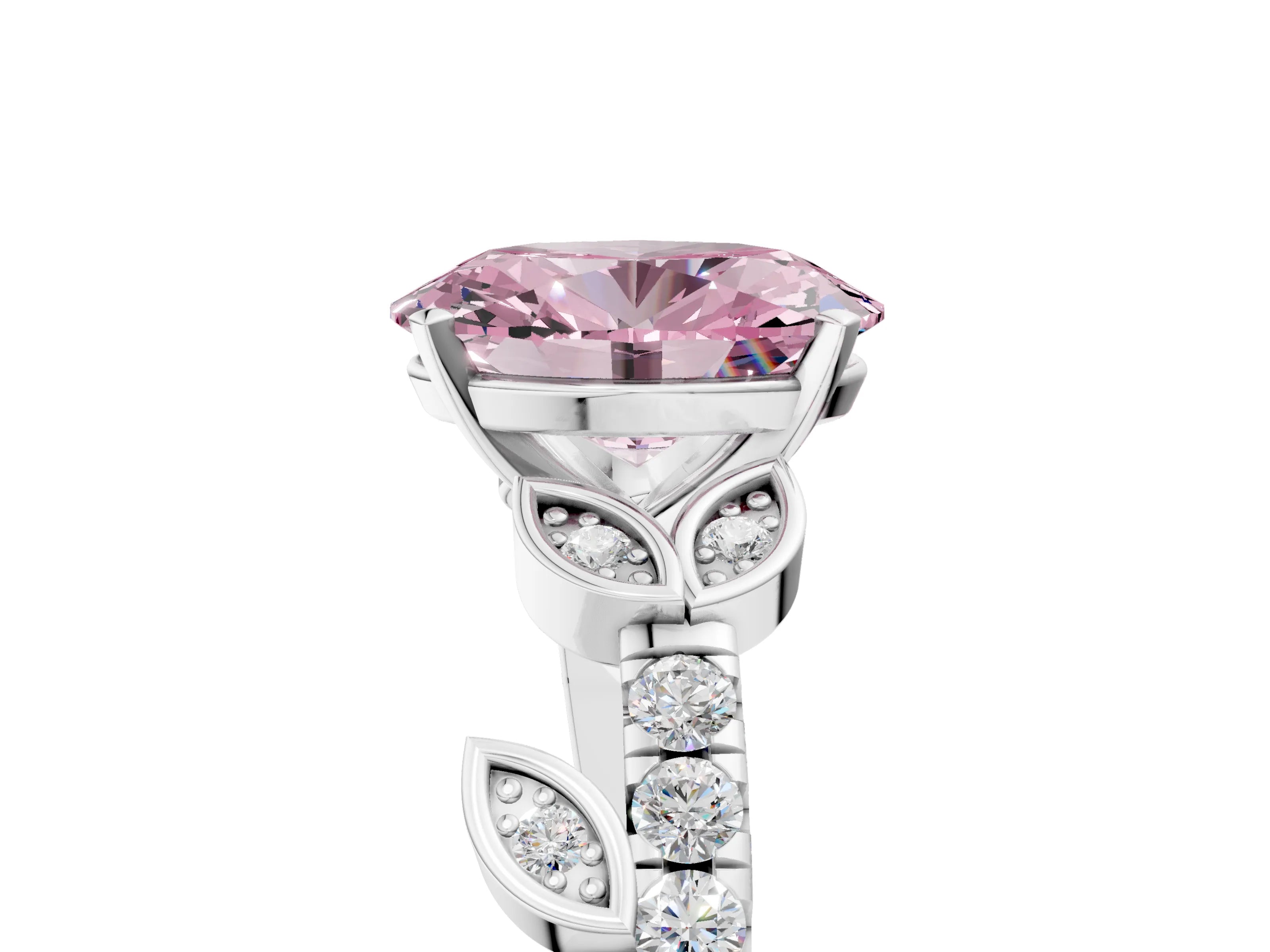 White gold Fancy Pink Oval Cut Solitaire Leaf-Inspired Diamond Ring with Pavé Band and Four-Prong Setting_29