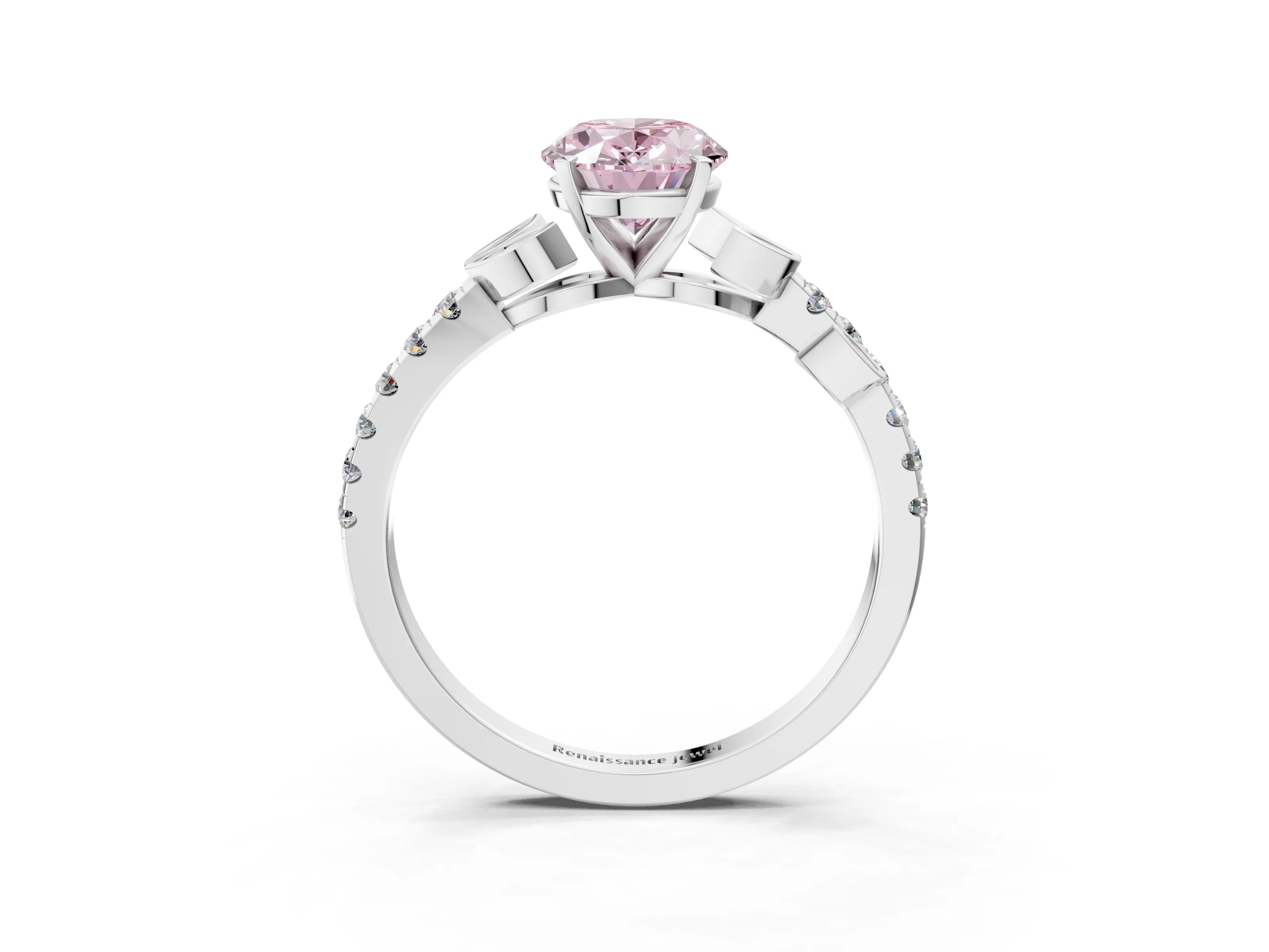 White gold Fancy Pink Oval Cut Solitaire Leaf-Inspired Diamond Ring with Pavé Band and Four-Prong Setting_3