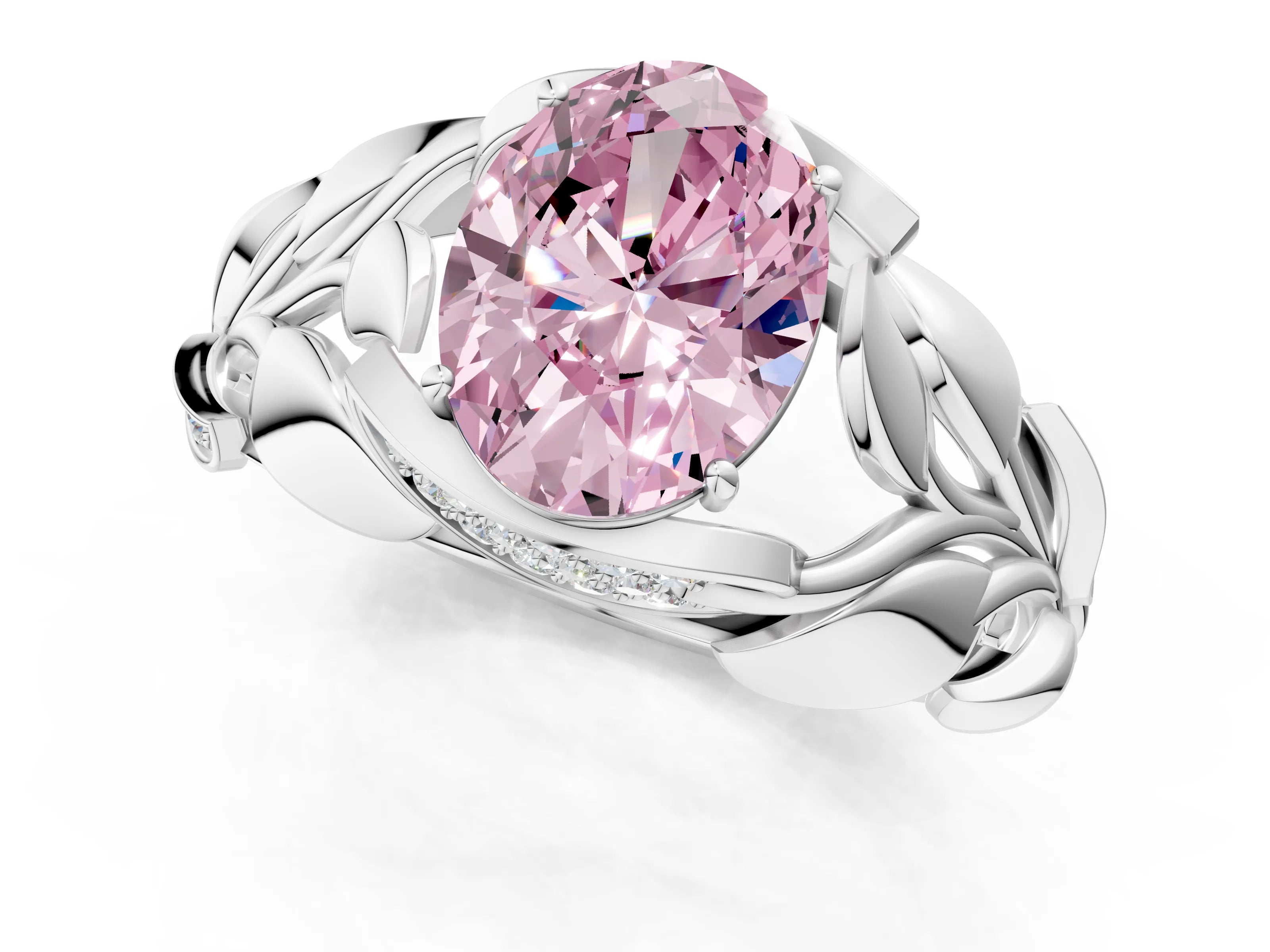 White gold Fancy Pink Oval Cut Solitaire Leaf-Inspired Engagement Ring with Prong Setting_1
