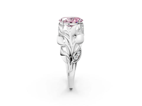 White gold Fancy Pink Oval Cut Solitaire Leaf-Inspired Engagement Ring with Prong Setting_2