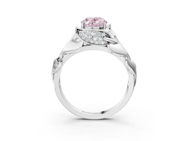 Platinum Oval Leaf Bypass Engagement Ring Setting for Fancy Pink Center with Pave Leaf Panels