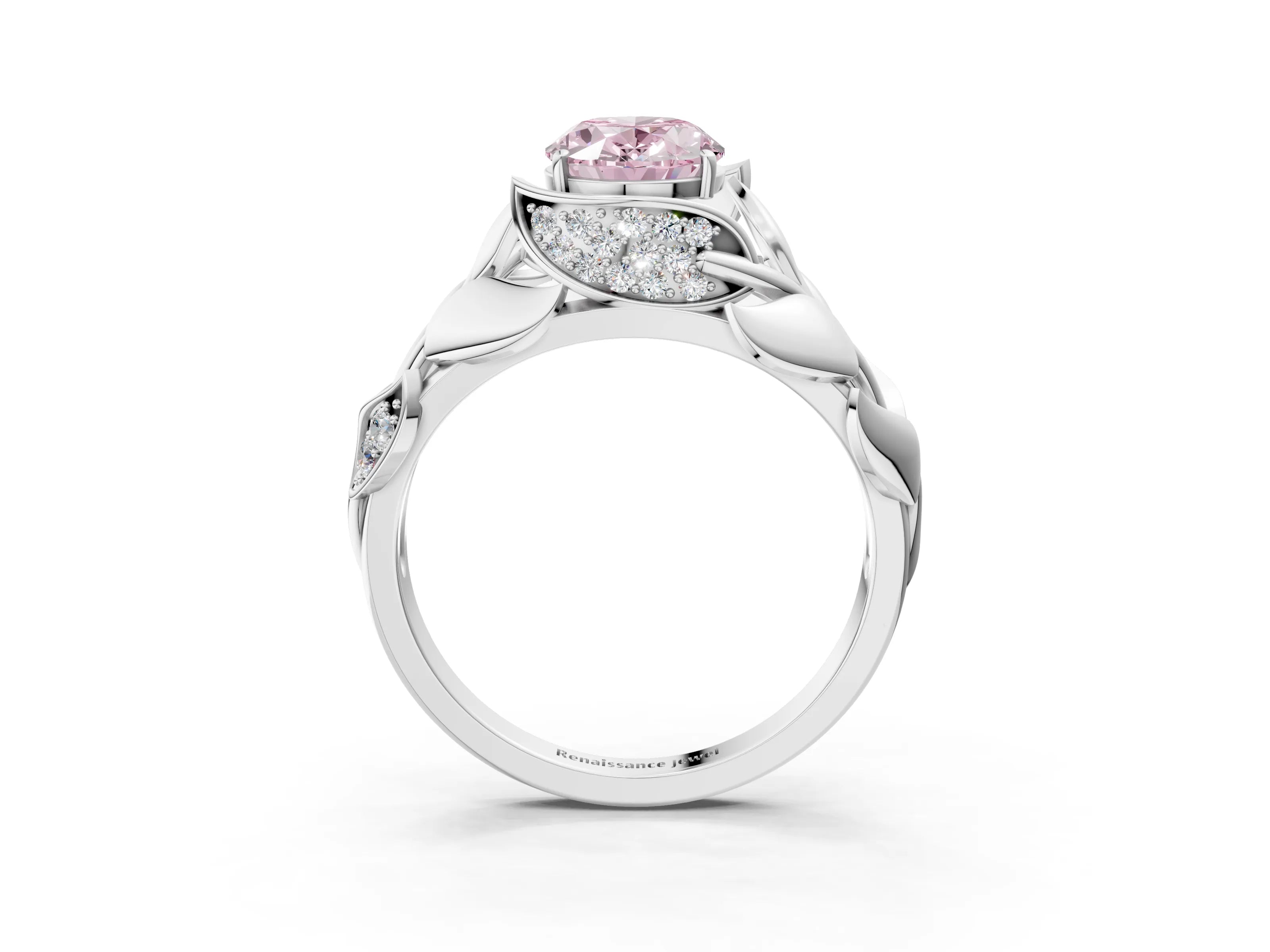 White gold Fancy Pink Oval Cut Solitaire Leaf-Inspired Engagement Ring with Prong Setting_3