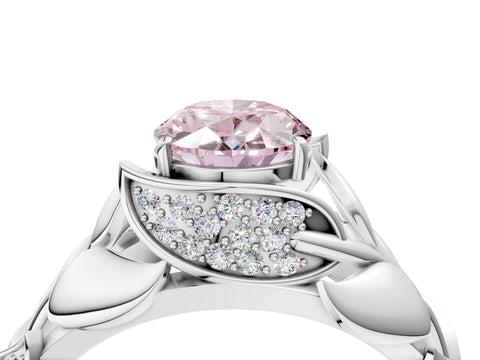 White gold Fancy Pink Oval Cut Solitaire Leaf-Inspired Engagement Ring with Prong Setting_4