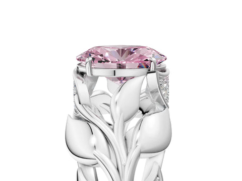 White gold Fancy Pink Oval Cut Solitaire Leaf-Inspired Engagement Ring with Prong Setting_5