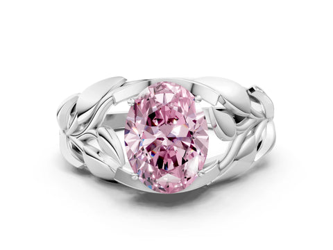 White gold Fancy Pink Oval Cut Solitaire Leaf-Inspired Engagement Ring with Prong Setting