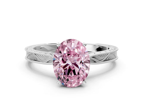 White gold Fancy Pink Oval Cut Solitaire Milgrain Engraved Band with Four-Prong Setting_12