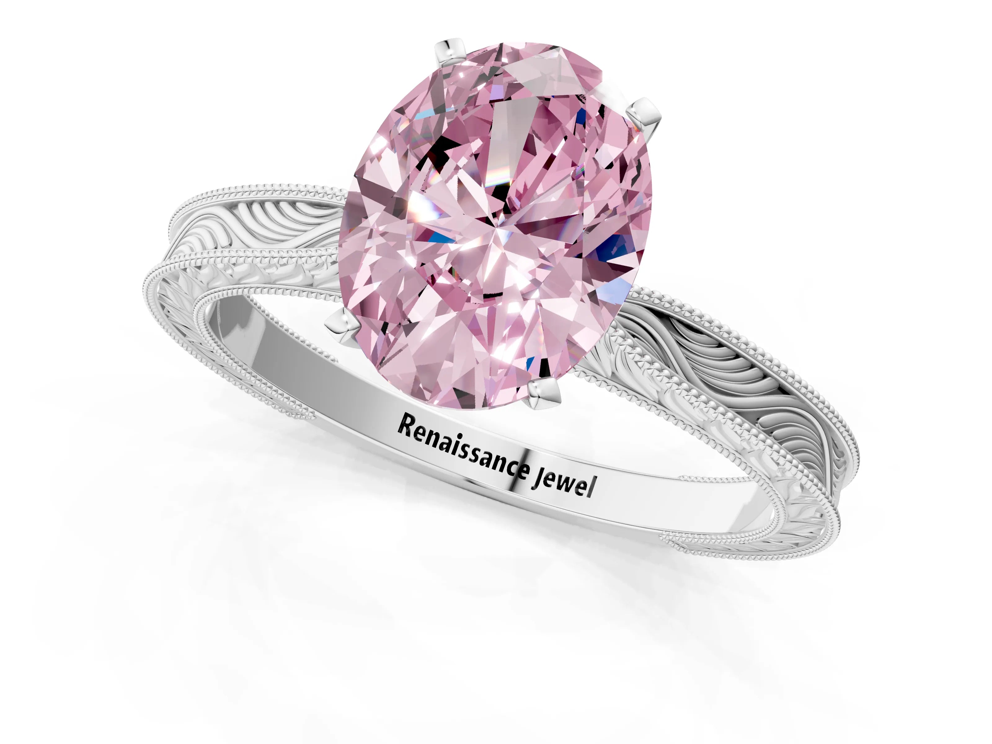 White gold Fancy Pink Oval Cut Solitaire Milgrain Engraved Band with Four-Prong Setting_13
