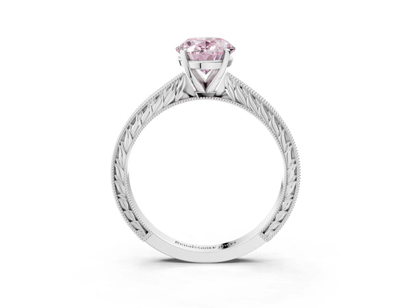 Platinum Oval Solitaire Engagement Ring Setting for Fancy Pink Center with Engraved Band