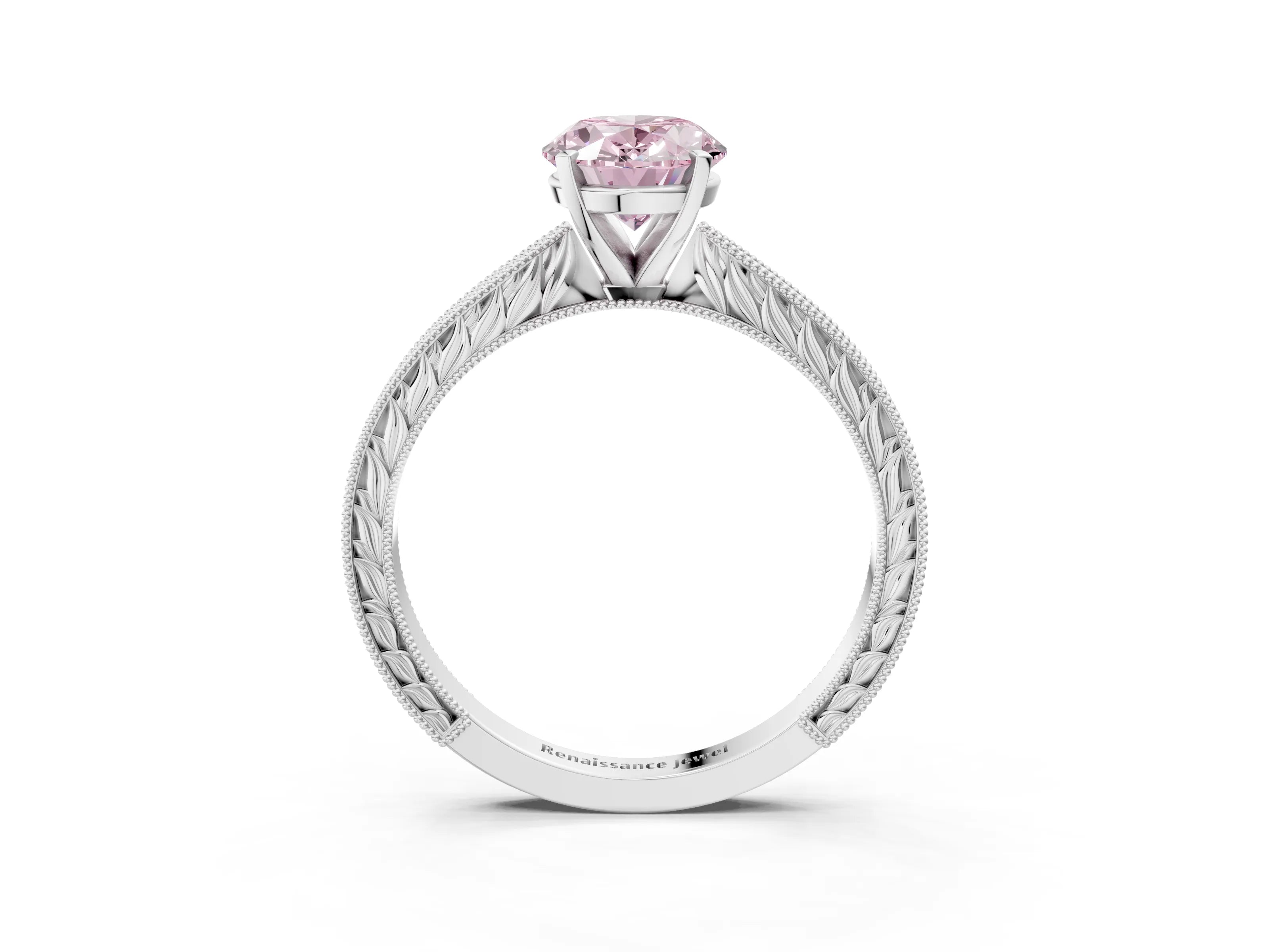 White gold Fancy Pink Oval Cut Solitaire Milgrain Engraved Band with Four-Prong Setting_15