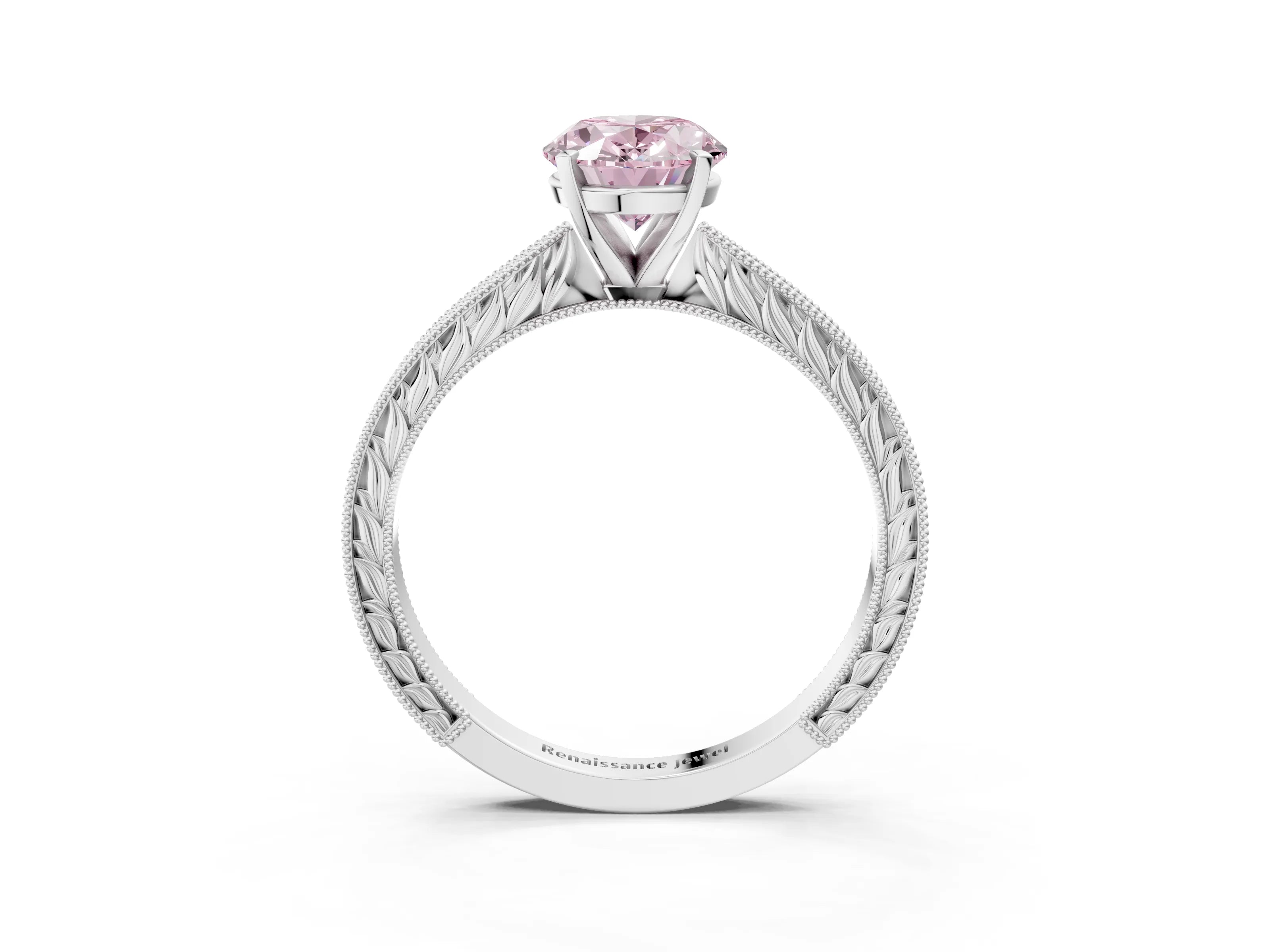 White gold Fancy Pink Oval Cut Solitaire Milgrain Engraved Band with Four-Prong Setting_3