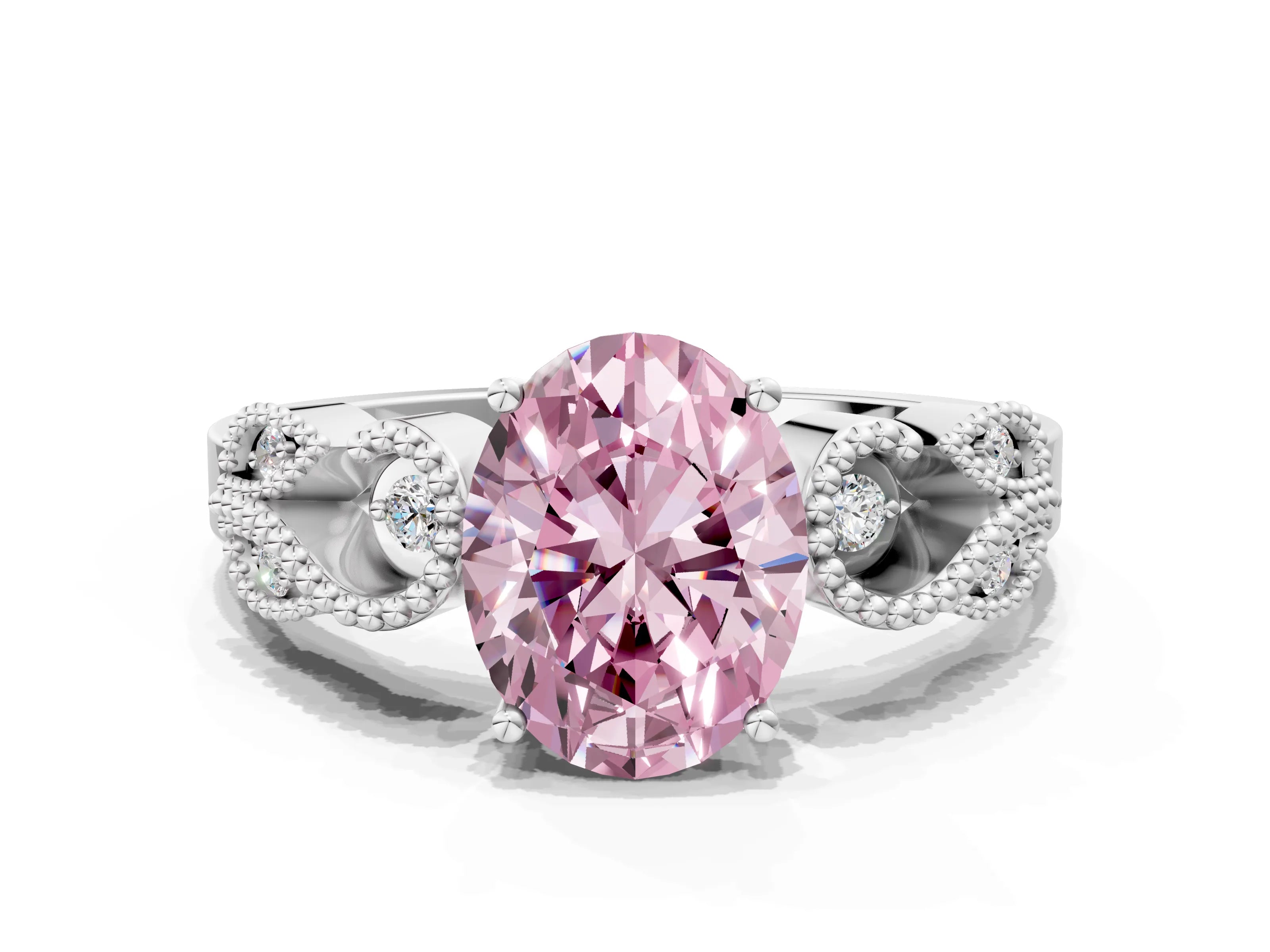 White gold Fancy Pink Oval Cut Solitaire Milgrain Leaf Band with Prong Setting_12