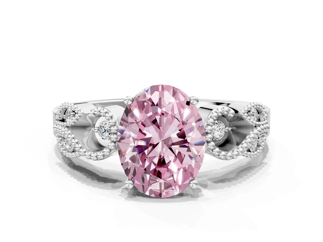 White gold Fancy Pink Oval Cut Solitaire Milgrain Leaf Band with Prong Setting_12