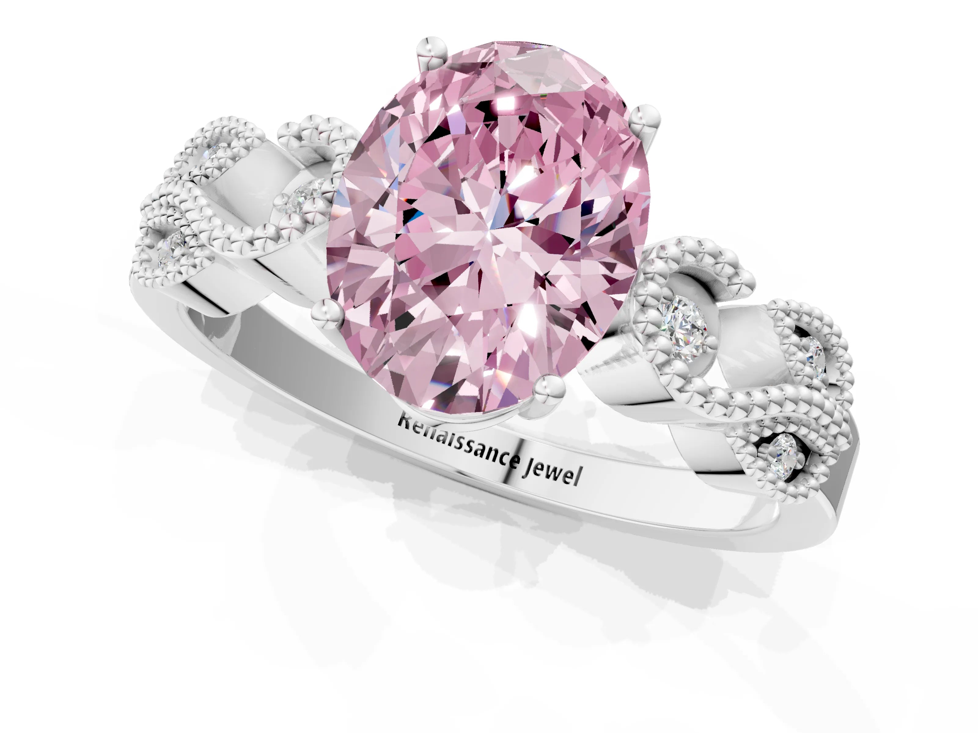 White gold Fancy Pink Oval Cut Solitaire Milgrain Leaf Band with Prong Setting_13
