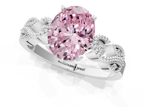 White gold Fancy Pink Oval Cut Solitaire Milgrain Leaf Band with Prong Setting_13