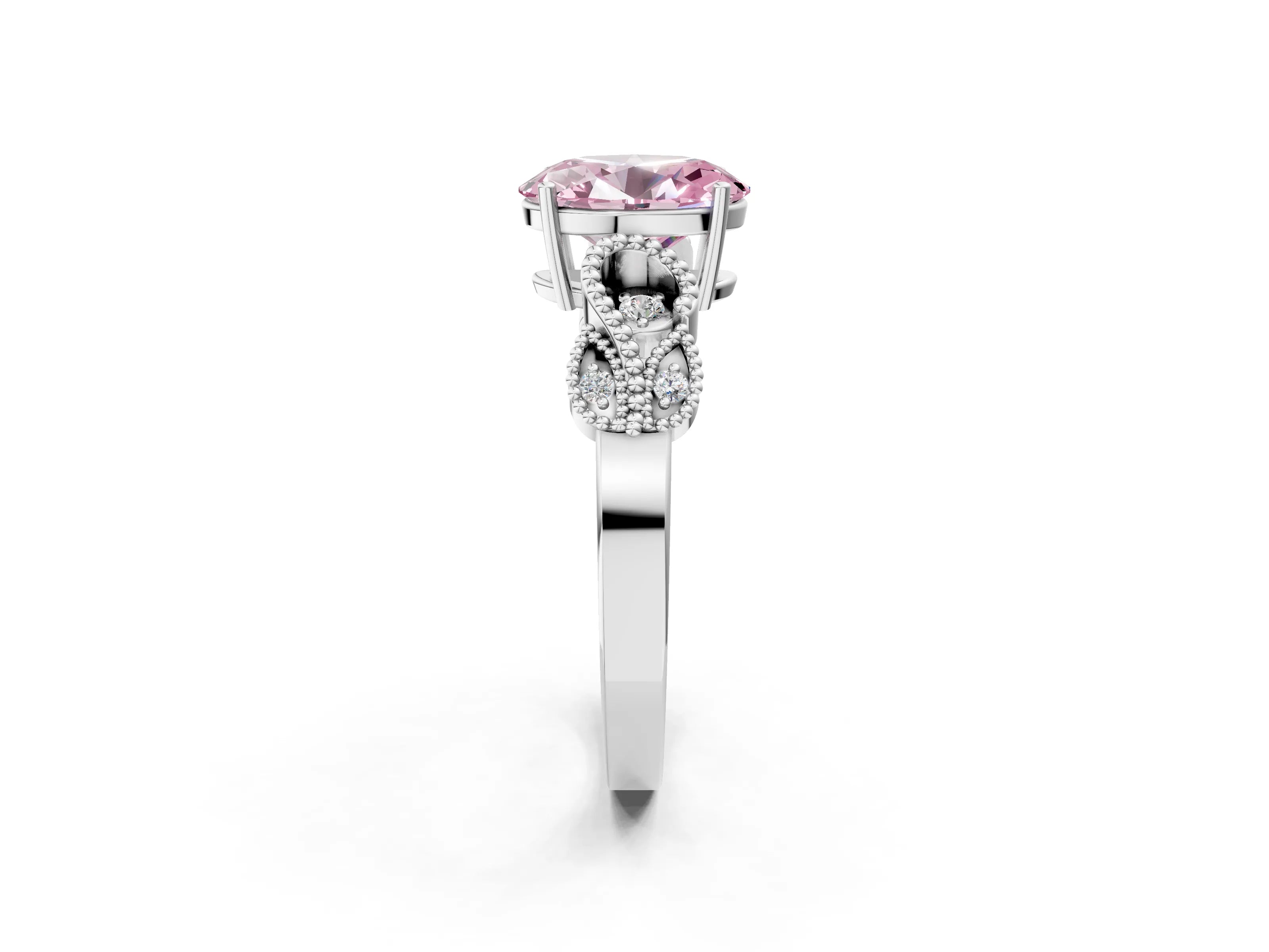 White gold Fancy Pink Oval Cut Solitaire Milgrain Leaf Band with Prong Setting_14