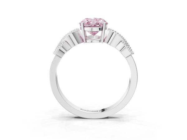 White gold Fancy Pink Oval Cut Solitaire Milgrain Leaf Band with Prong Setting