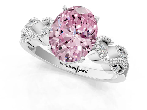 White gold Fancy Pink Oval Cut Solitaire Milgrain Leaf Band with Prong Setting_1