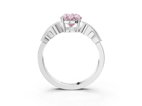 White gold Fancy Pink Oval Cut Solitaire Milgrain Leaf Band with Prong Setting_3