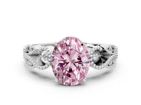 White gold Fancy Pink Oval Cut Solitaire Milgrain Leaf Band with Prong Setting