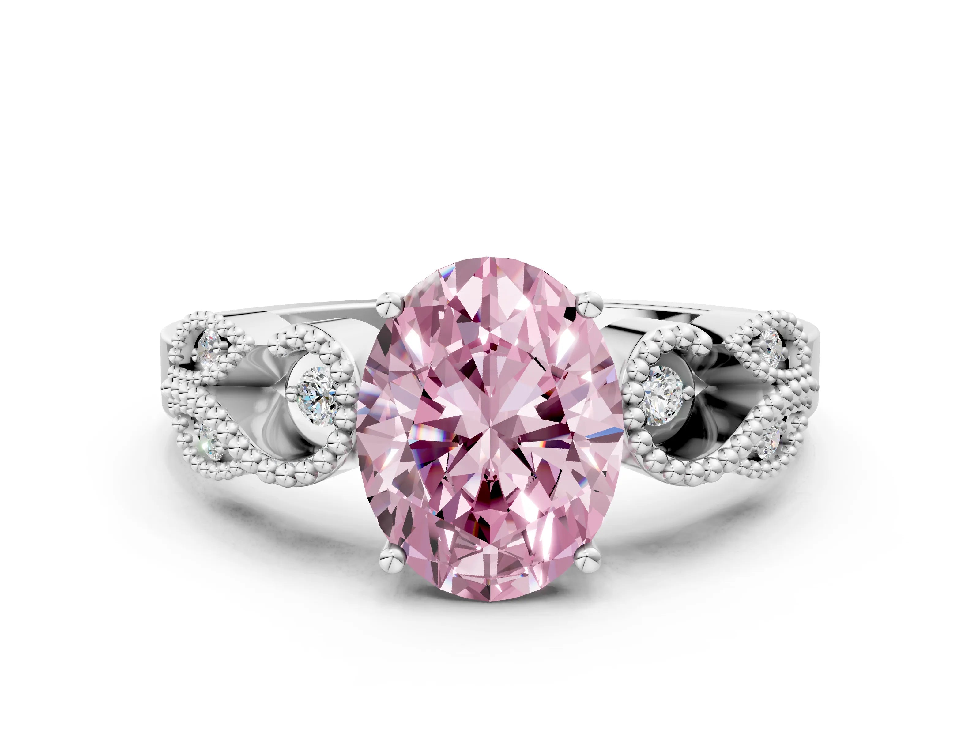 White gold Fancy Pink Oval Cut Solitaire Milgrain Leaf Band with Prong Setting