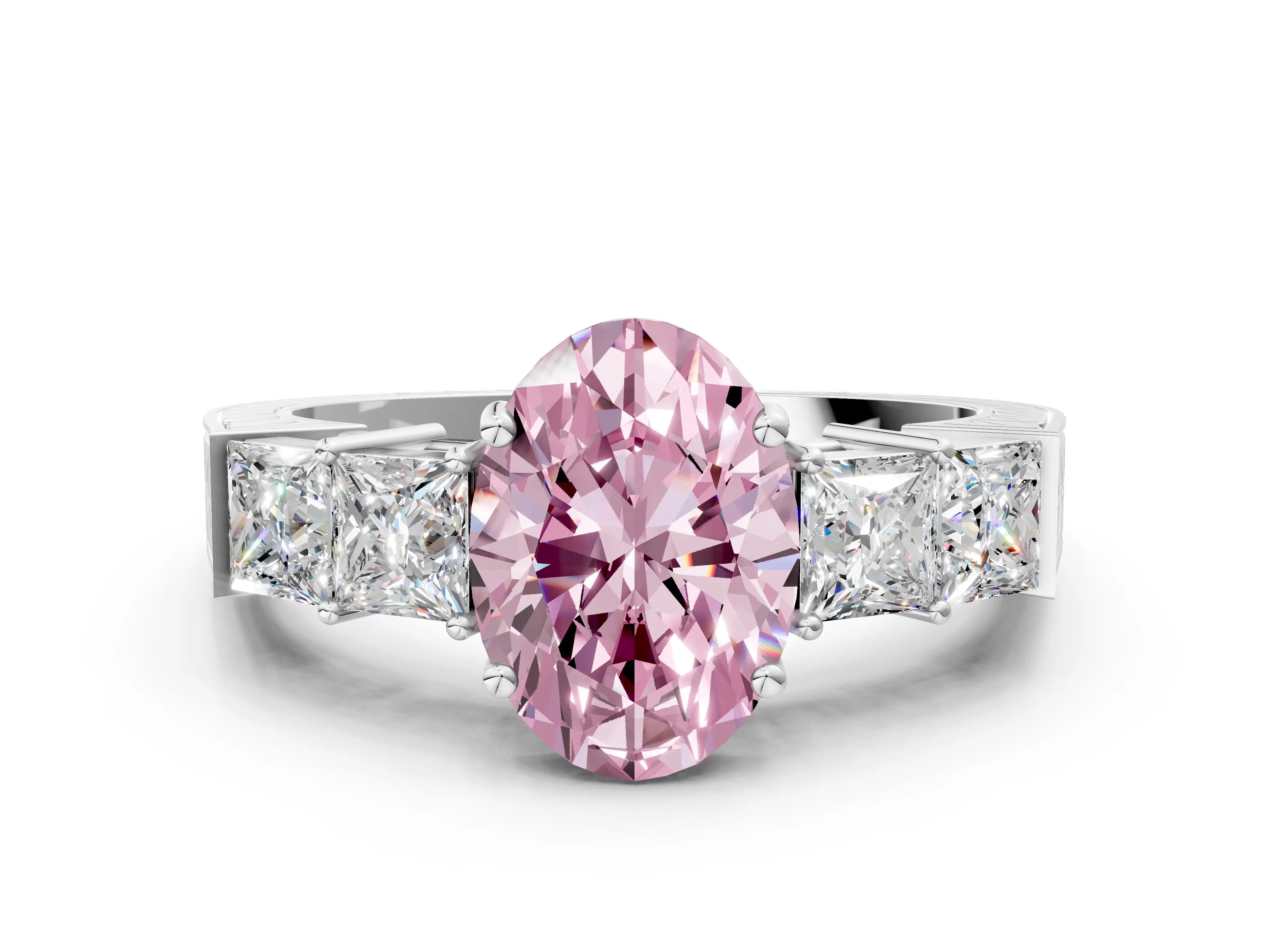 White gold Fancy Pink Oval Cut Solitaire Princess Side Stone Engraved Band Prong Setting Ring_12
