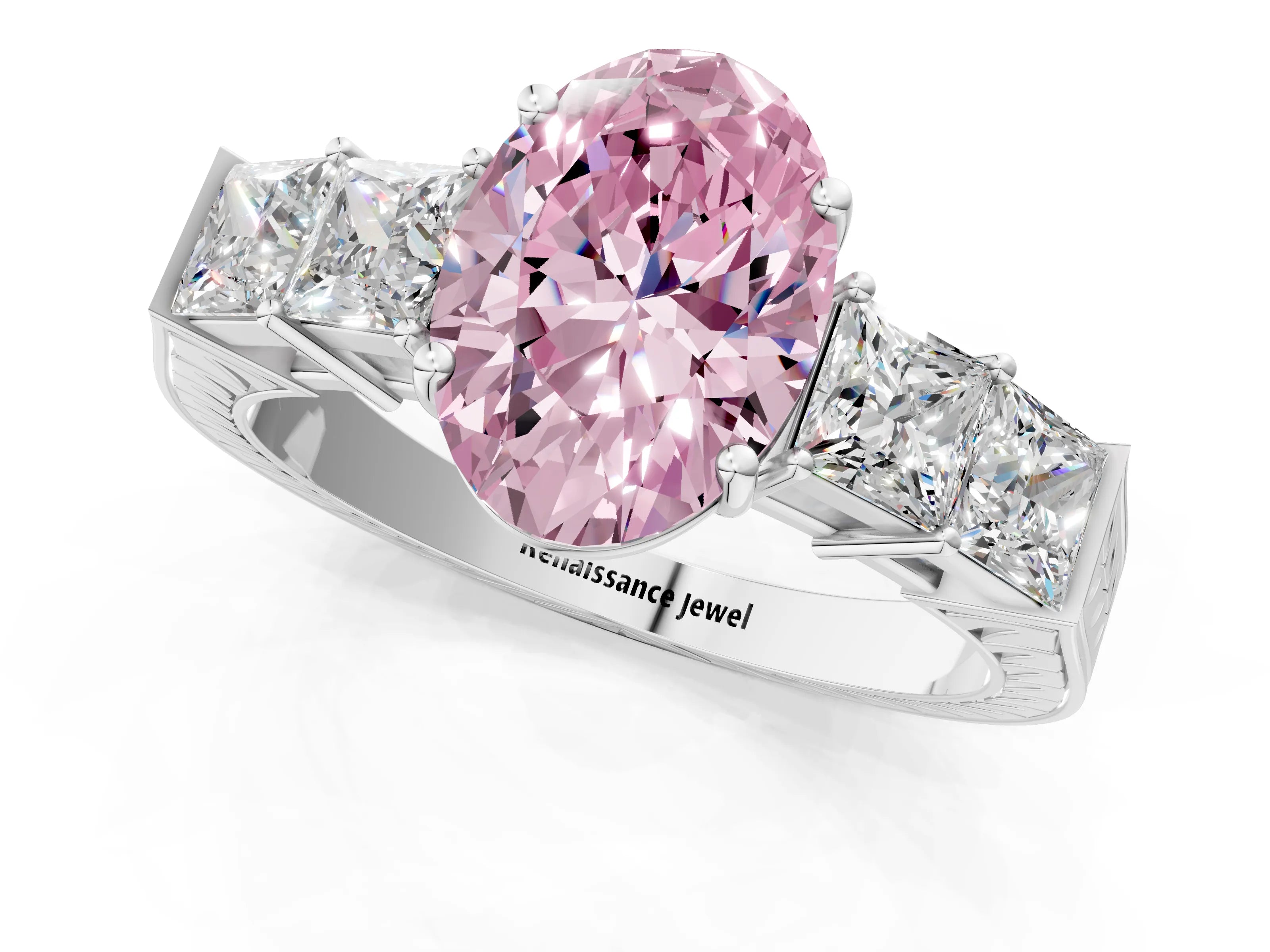 White gold Fancy Pink Oval Cut Solitaire Princess Side Stone Engraved Band Prong Setting Ring_13
