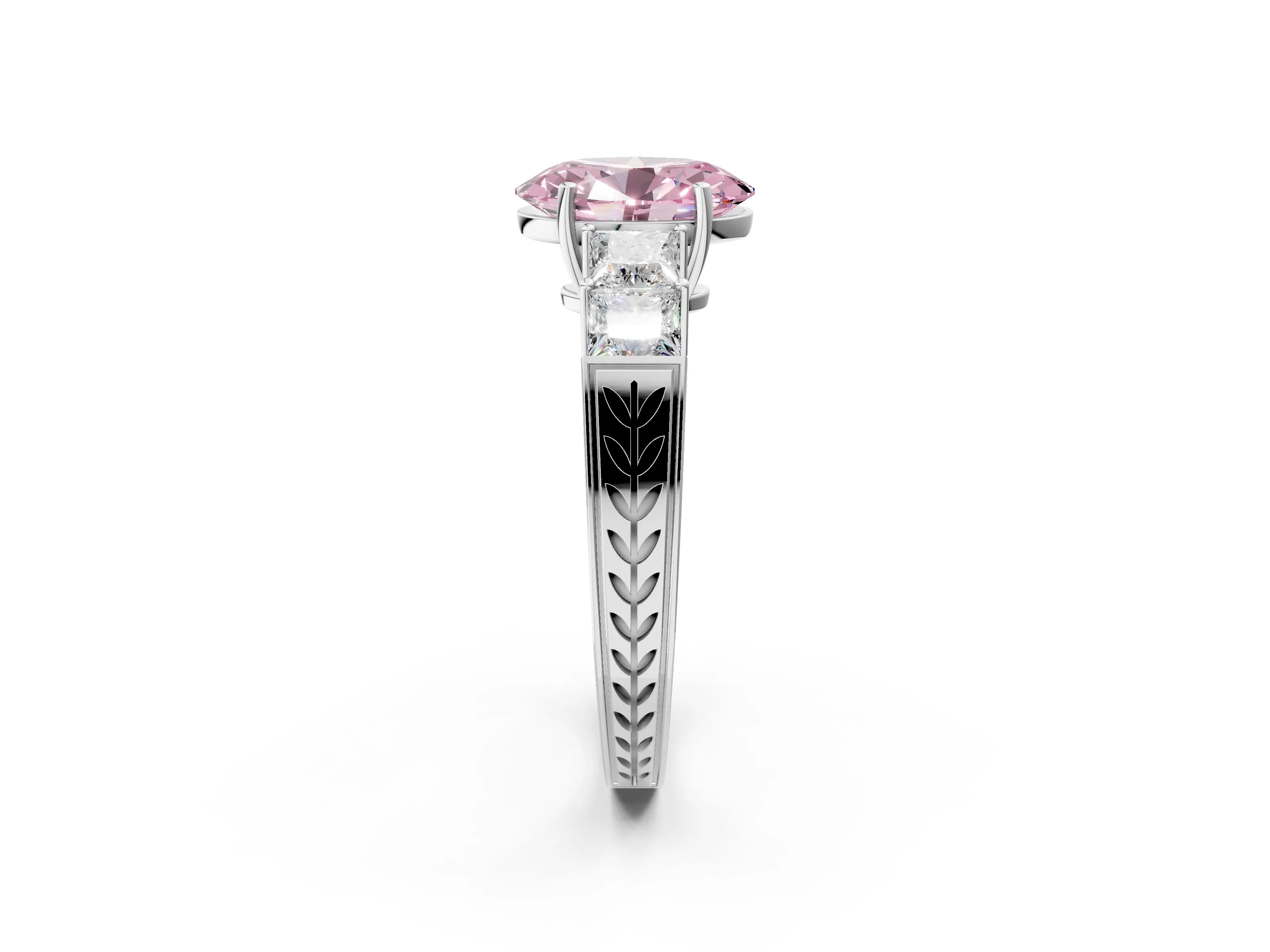 White gold Fancy Pink Oval Cut Solitaire Princess Side Stone Engraved Band Prong Setting Ring_14