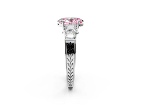 White gold Fancy Pink Oval Cut Solitaire Princess Side Stone Engraved Band Prong Setting Ring_14