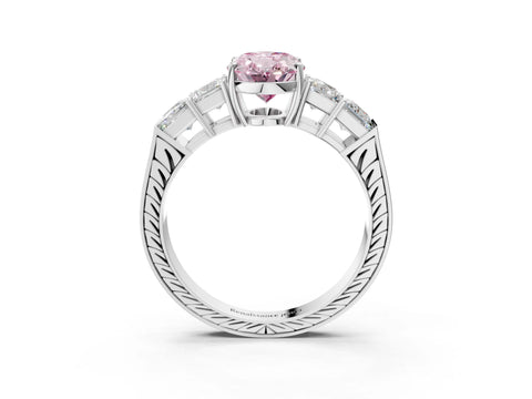 White gold Fancy Pink Oval Cut Solitaire Princess Side Stone Engraved Band Prong Setting Ring_15