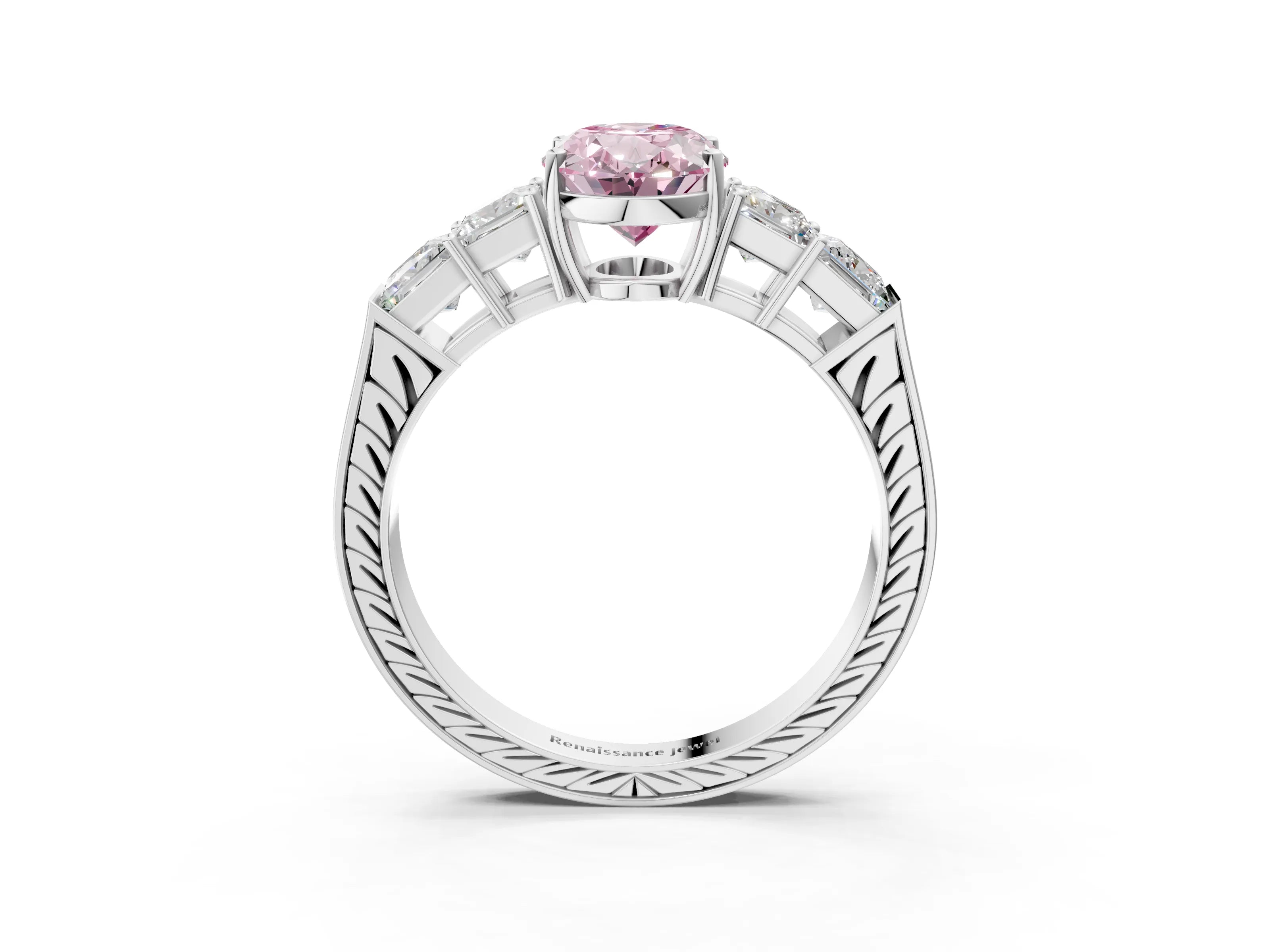 White gold Fancy Pink Oval Cut Solitaire Princess Side Stone Engraved Band Prong Setting Ring_15