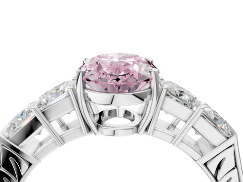 White gold Fancy Pink Oval Cut Solitaire Princess Side Stone Engraved Band Prong Setting Ring_16