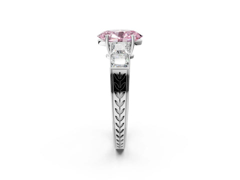 White gold Fancy Pink Oval Cut Solitaire Princess Side Stone Engraved Band Prong Setting Ring_2