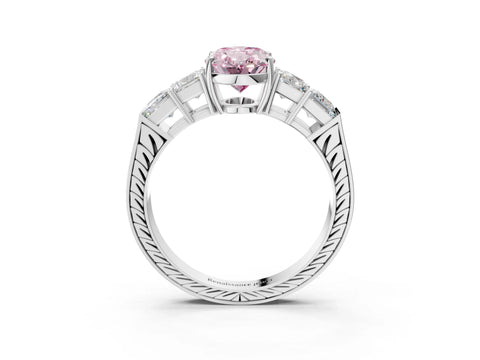 White gold Fancy Pink Oval Cut Solitaire Princess Side Stone Engraved Band Prong Setting Ring_3