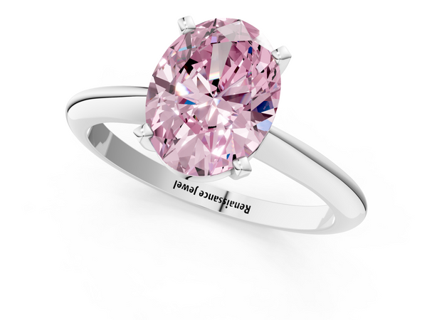 Platinum Fancy Pink Oval  Cut Solitaire Ring with Four-Prong Setting on a Classic Band