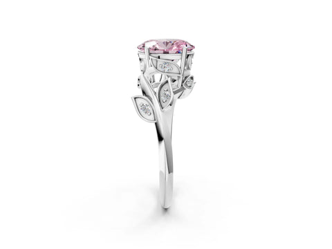 White gold Fancy Pink Oval Cut Solitaire Twist Engagement Ring with Leaf Accents and Prong Setting_14