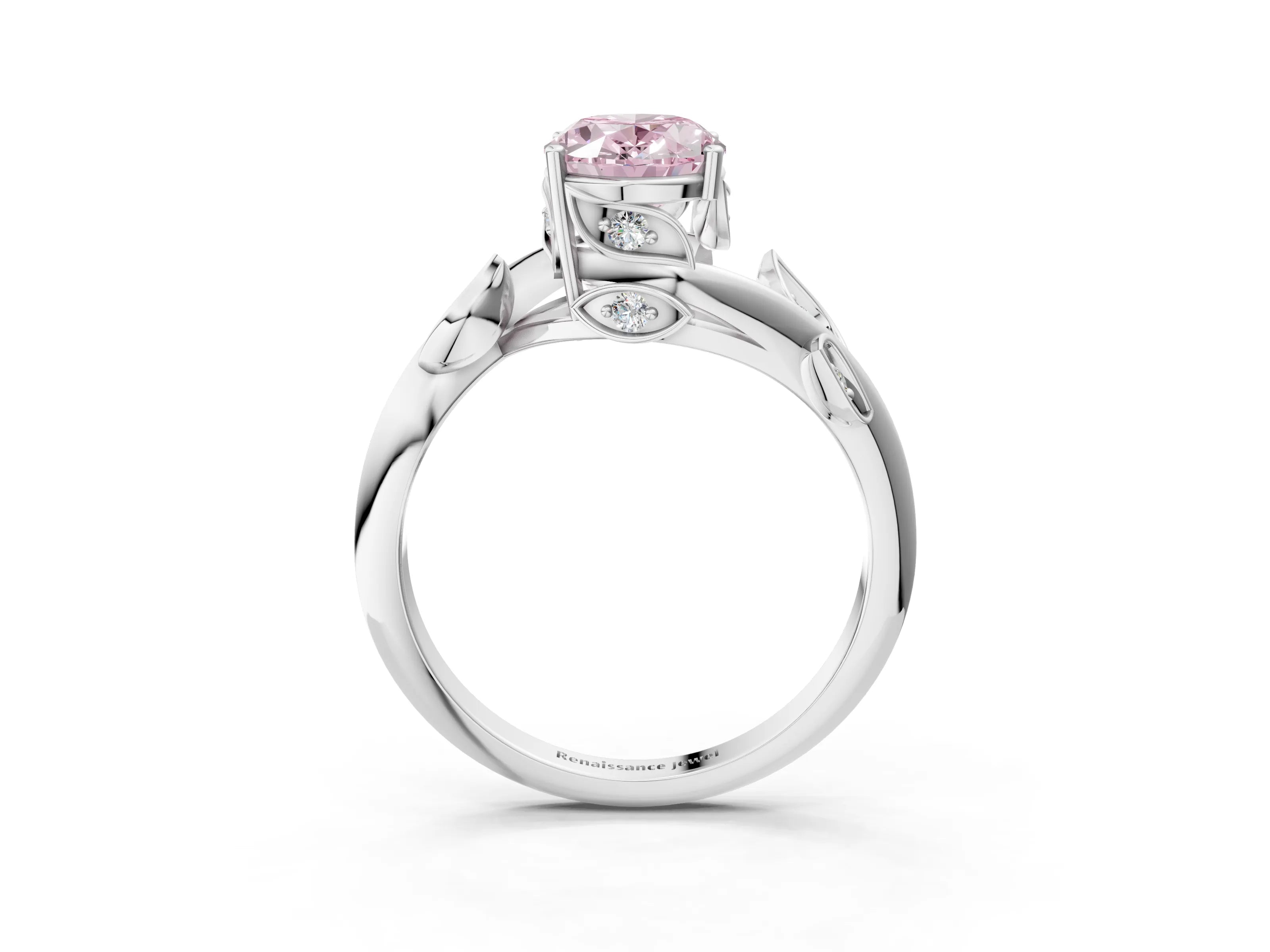 White gold Fancy Pink Oval Cut Solitaire Twist Engagement Ring with Leaf Accents and Prong Setting_15