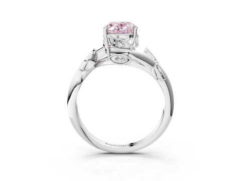 White gold Fancy Pink Oval Cut Solitaire Twist Engagement Ring with Leaf Accents and Prong Setting_15