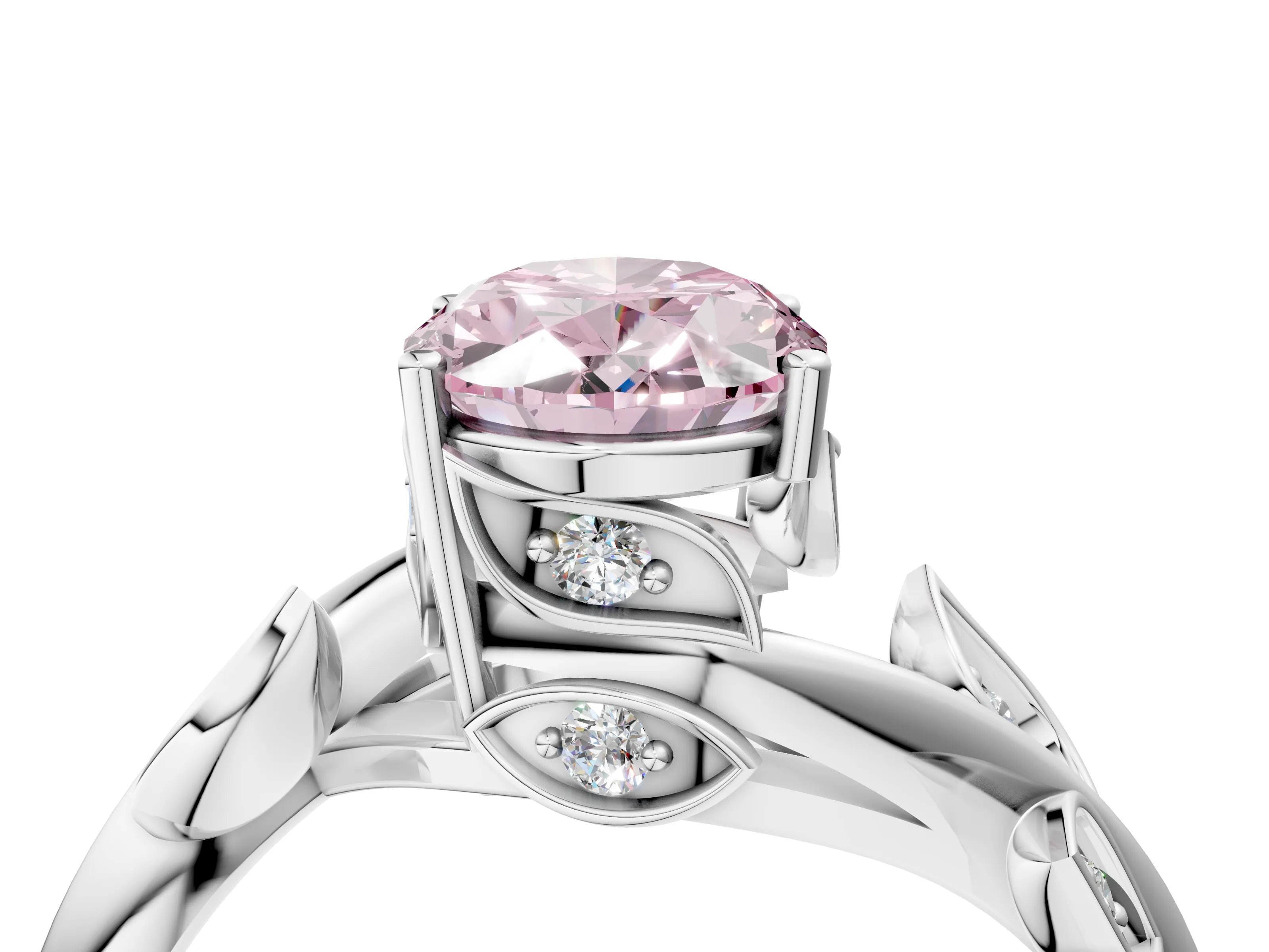White gold Fancy Pink Oval Cut Solitaire Twist Engagement Ring with Leaf Accents and Prong Setting_16