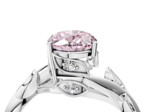 White gold Fancy Pink Oval Cut Solitaire Twist Engagement Ring with Leaf Accents and Prong Setting_16