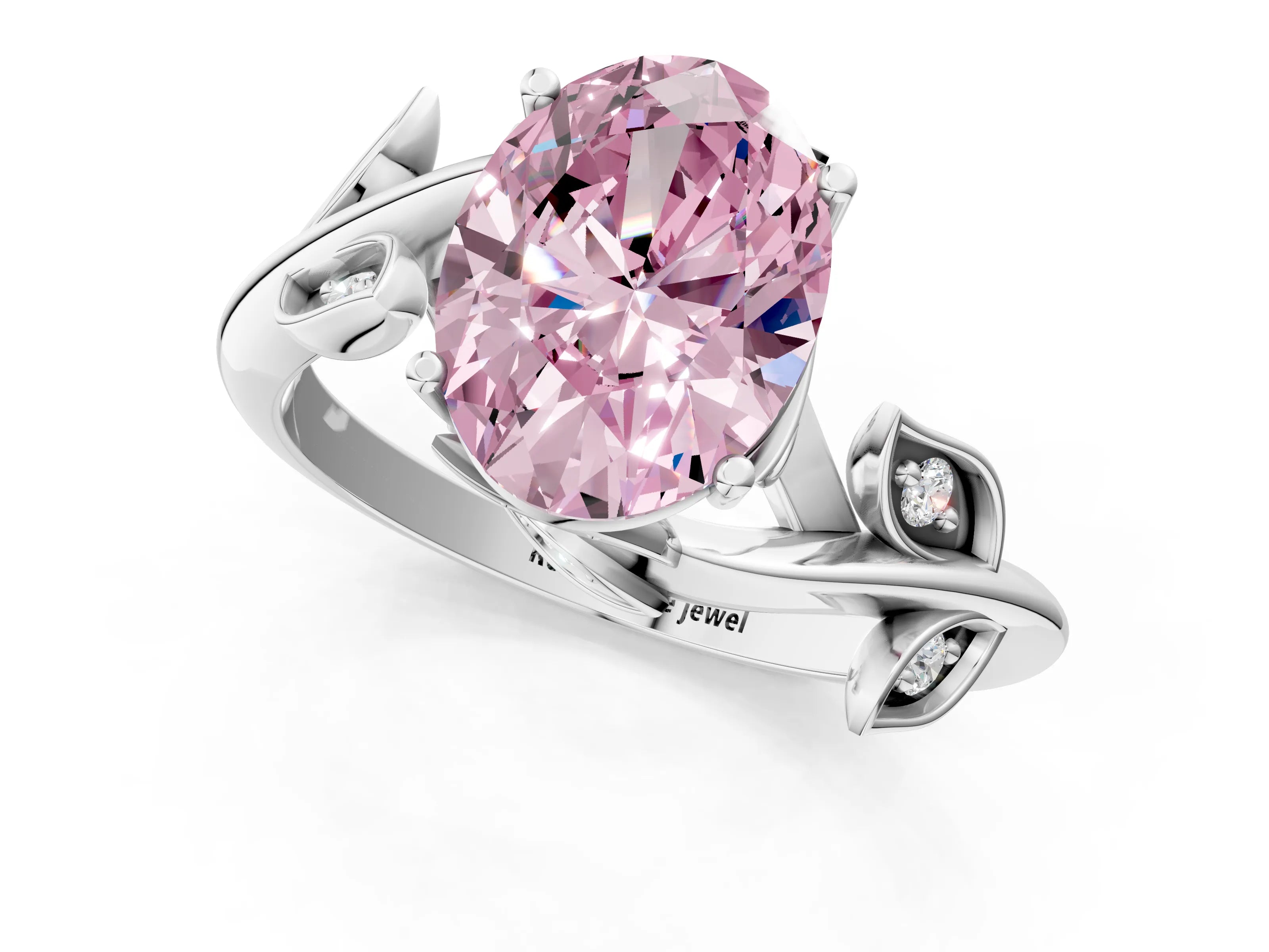 White gold Fancy Pink Oval Cut Solitaire Twist Engagement Ring with Leaf Accents and Prong Setting_1
