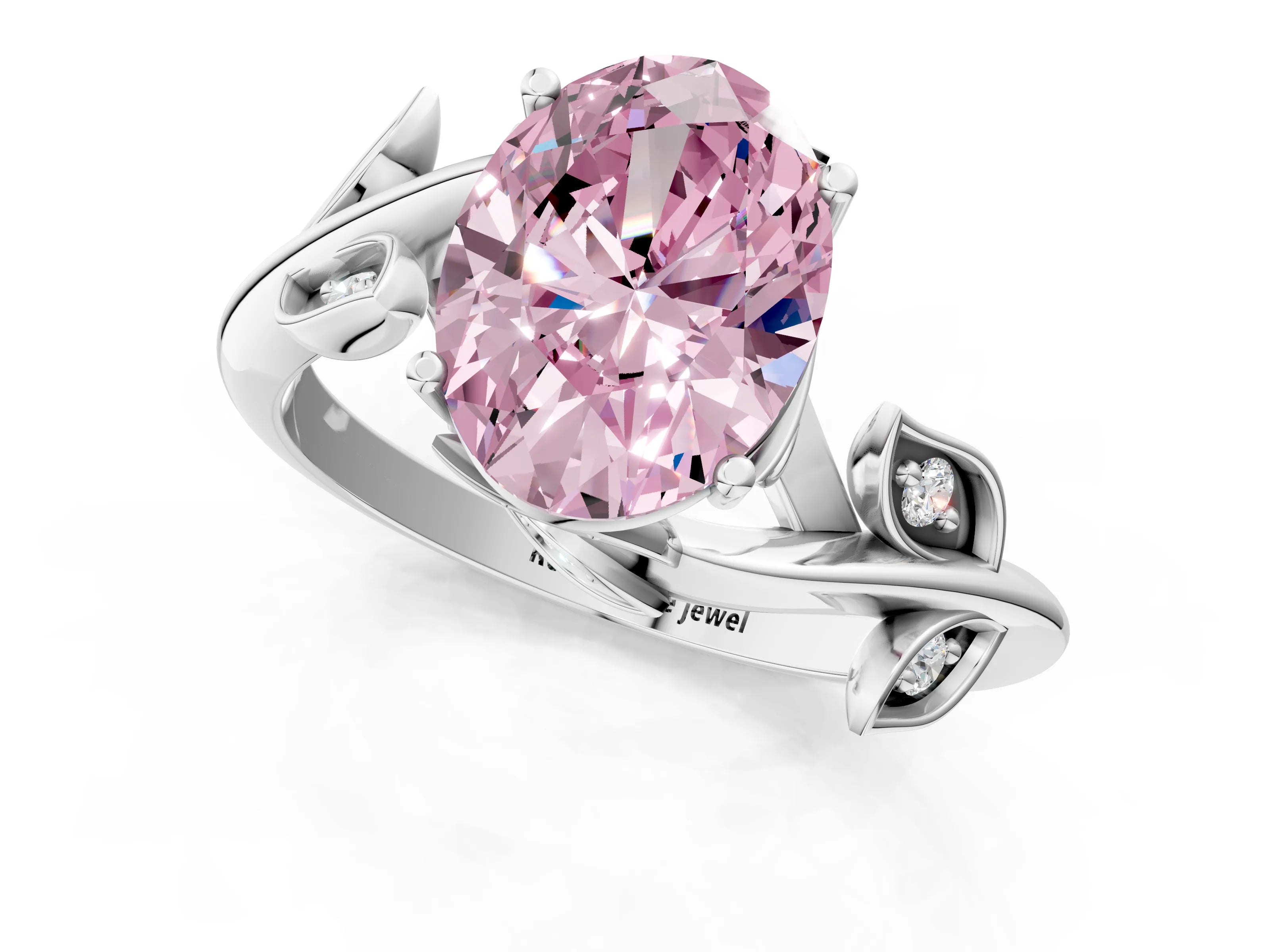 White gold Fancy Pink Oval Cut Solitaire Twist Engagement Ring with Leaf Accents and Prong Setting_1