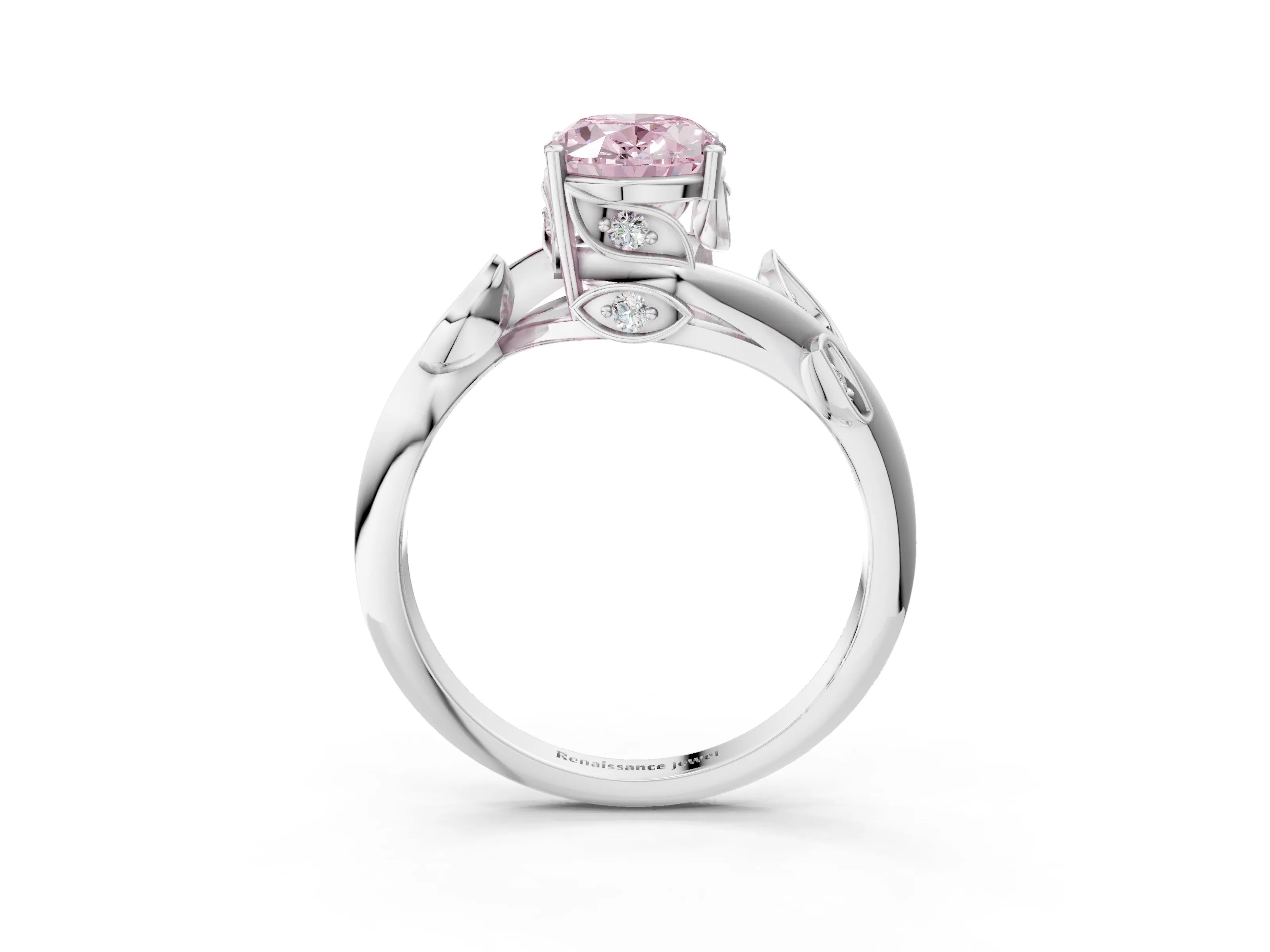 White gold Fancy Pink Oval Cut Solitaire Twist Engagement Ring with Leaf Accents and Prong Setting_3