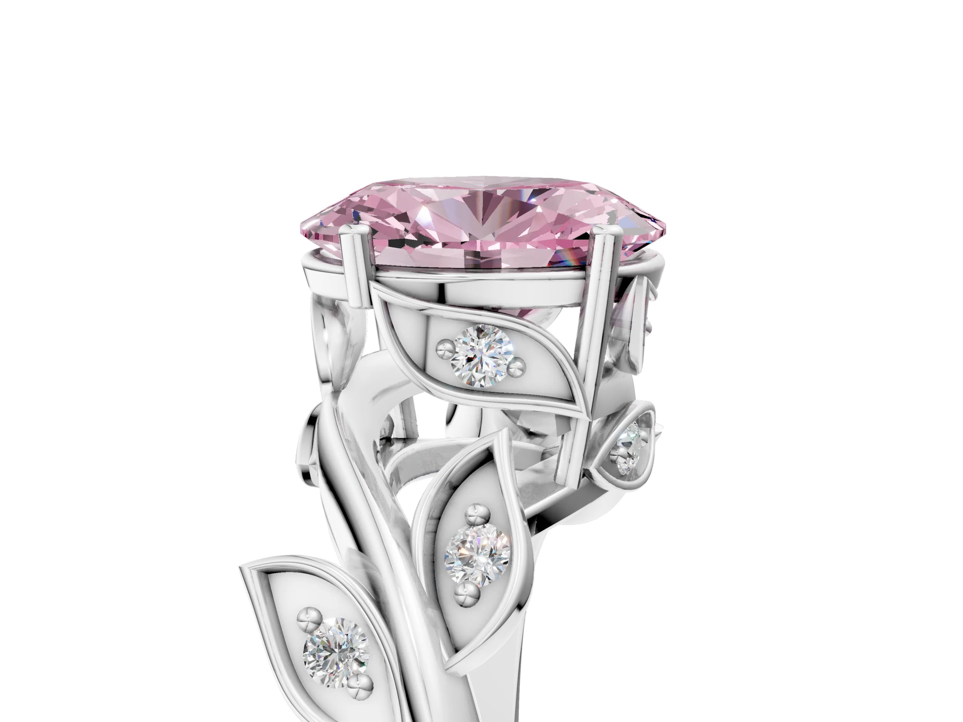 White gold Fancy Pink Oval Cut Solitaire Twist Engagement Ring with Leaf Accents and Prong Setting_5